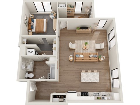 Floor plan for 1 bed, 1 bath, 930 sqft